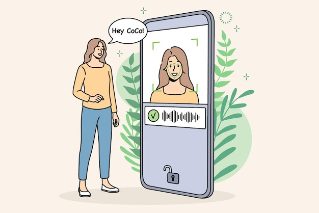 Lächelnde frau entsperrt mobiltelefon mit gesichts-id weibliche smartphone-benutzer erhalten zugriff auf daten mit biometrischer prüfung identifikations- und verifizierungskonzept vektordarstellung