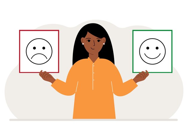 Vektor lächelnde frau hält eine karte mit einem traurigen emoji in der einen und einem lächelnden emoji in der anderen hand das konzept der emotionsmasken oder psychologischen hilfe