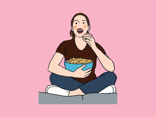 Lächelnde Frau schaut sich einen Film an und isst Popcorn