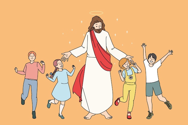 Lächelnde Kinder tanzen in der Nähe von Jesus Christus