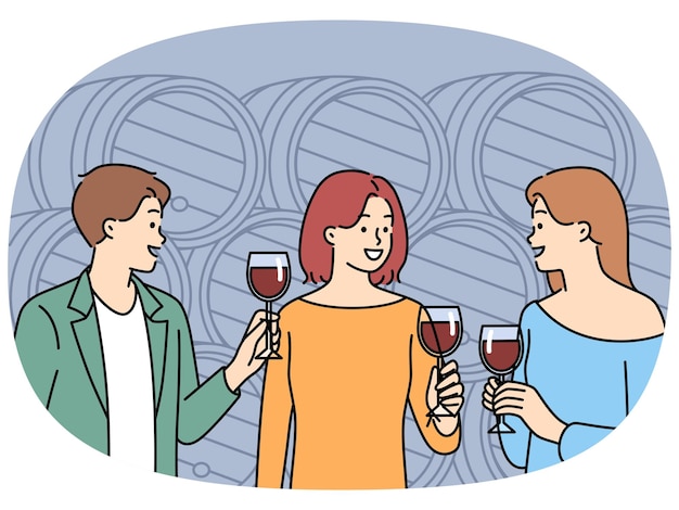 Lächelnde Menschen, die Wein im Keller probieren