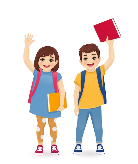 Lächelnde Schuljungen und -mädchen, Kinder mit Rucksäcken, Bücher, die mit den Händen winken, isolierte Vektorillustration