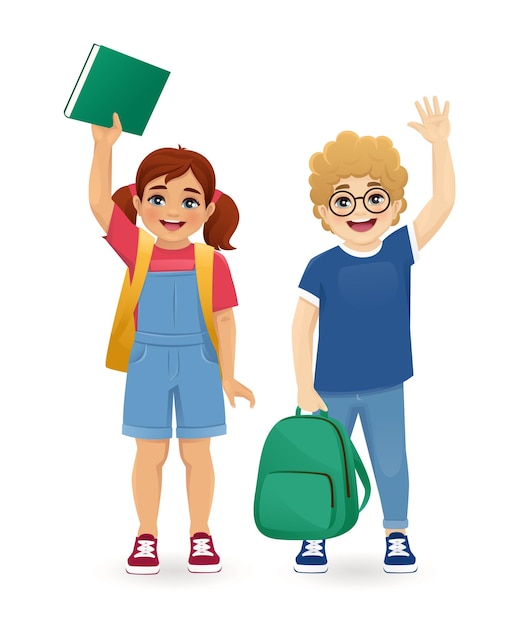 Lächelnde Schuljungen- und -mädchenkinder mit Rucksäcken, Büchern, die Hände winken, isolierte Vektorillustration
