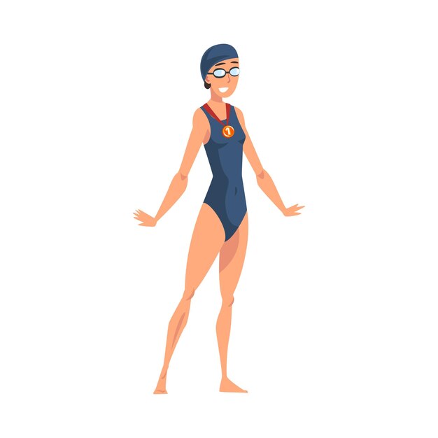 Lächelnde schwimmerin posiert mit medaille glückliche sportlerin im badeanzug feiert ihren sieg vektorillustration