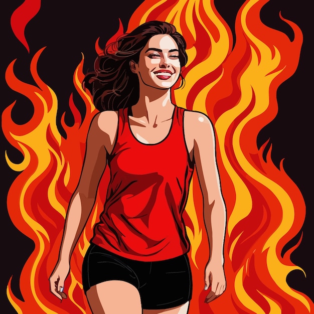 Vektor lächelnde selbstbewusste sportlerin in flammen heiße erfolgsvektor-illustration