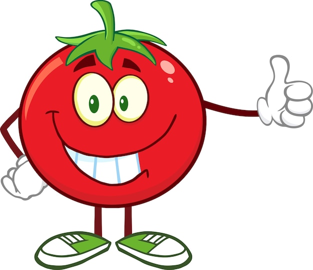 Vektor lächelnde tomaten-cartoon-maskottchen-figur, die einen daumen nach oben zeigt, vektor-illustration isoliert auf weiß