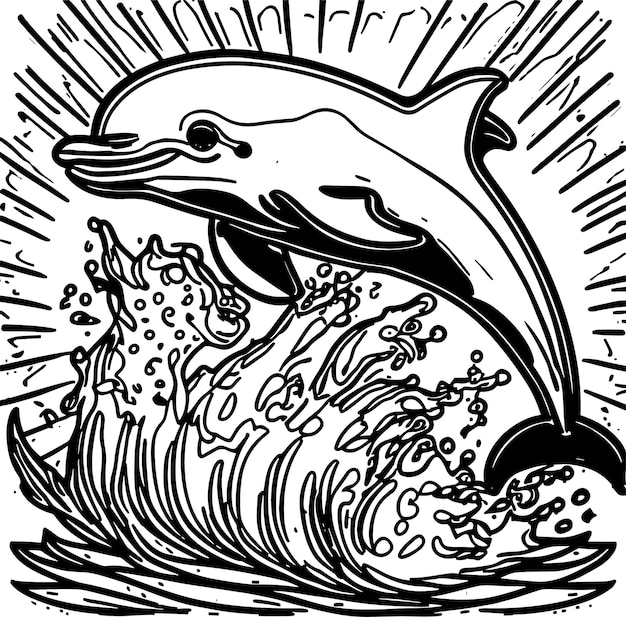 Lächelnder Delphin, der spielerisch inmitten glitzernder Wellen springt. Malbuch