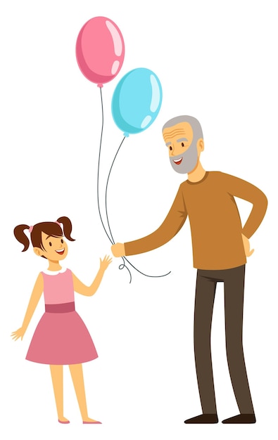 Lächelnder großvater, der dem kleinen mädchen luftballons gibt cartoon senior mit enkelin