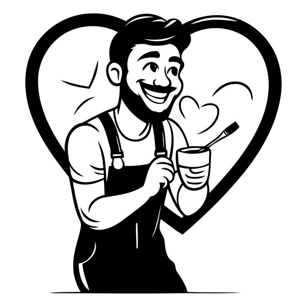 Vektor lächelnder mann mit kaffeetasse und herz vektor-cartoon-illustration