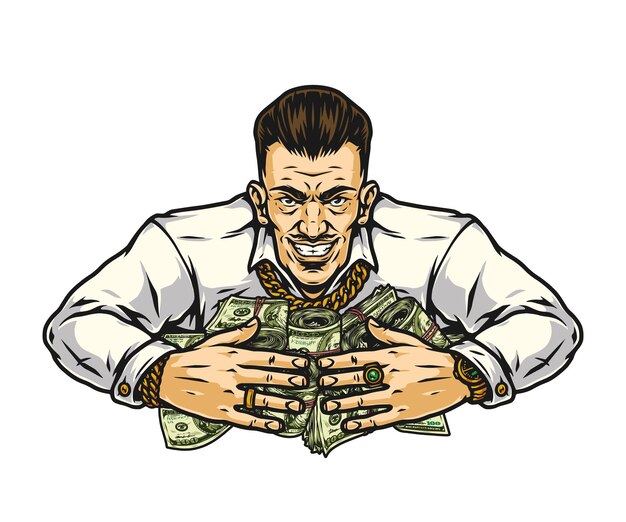 Vektor lächelnder reicher mann umarmt dollarbanknoten