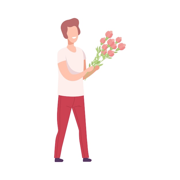 Vektor lächelnder romantischer junger mann steht mit einem bouquet von rosa blumen flachvektor-illustration