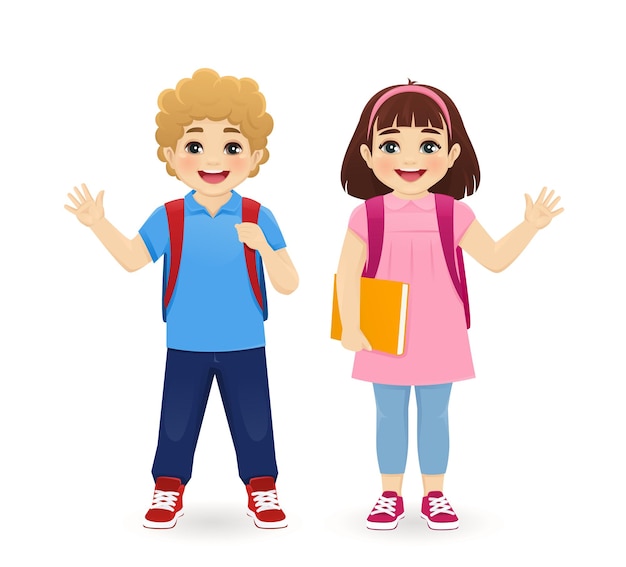 Lächelnder Schuljunge und -mädchen mit dem Rucksack, der Hand winkt, lokalisierte Vektorillustration