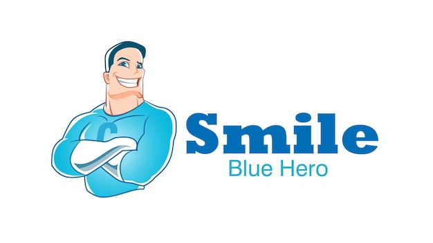 Lächelndes fröhliches blaues heldenmaskottchen für zahnlogo