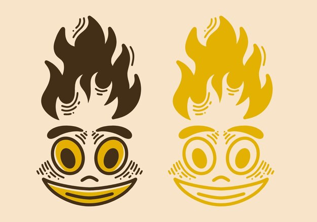 Lächelndes gesicht mit feuerflamme darauf retro-vintage-linienkunst