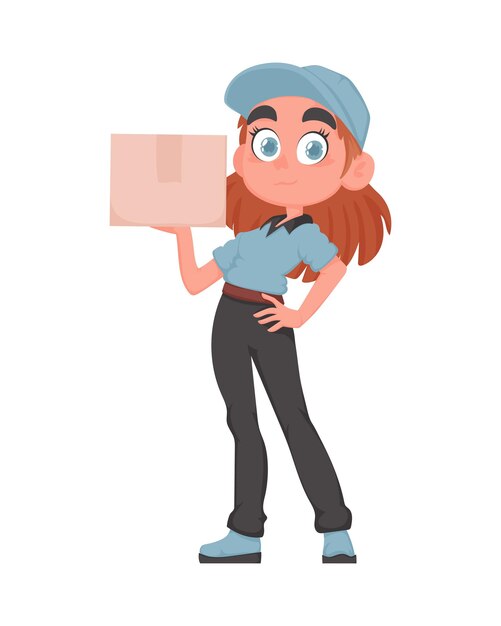 Lächelndes liefermädchen mit paket in blauer uniform fröhliche weibliche kurier mit papierkiste vektor cartoon illustration