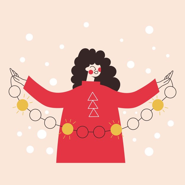 Lächelndes mädchen mit glühbirnengirlande für neujahrsstimmung oder weihnachtsdekorationen. minimalistische frau mit feiernden lichtern flache linie cartoon-vektor-illustration, isolierter hintergrund. grußkarte