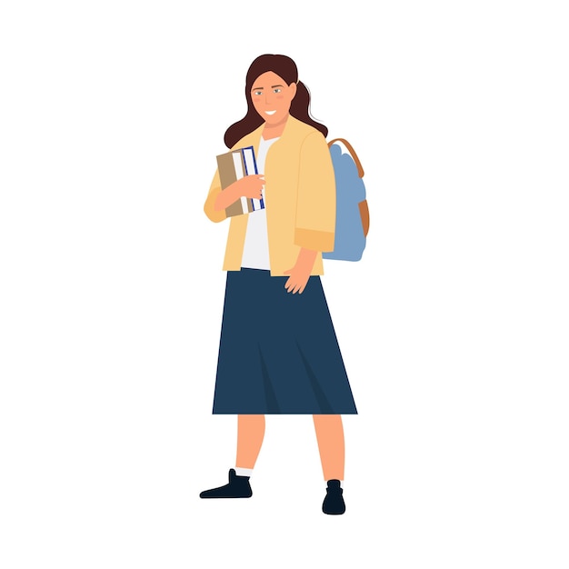 Lächelndes Schulmädchen mit Büchern und Rucksack zurück zum Schulkonzept