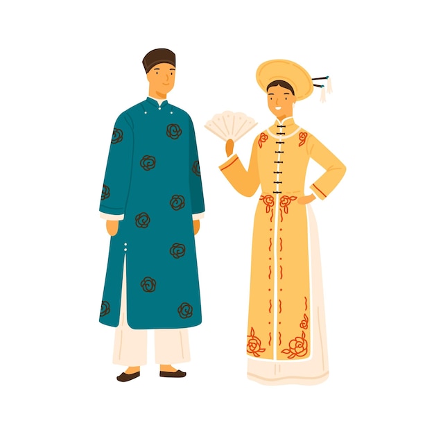 Vektor lächelndes vietnam-paar in der flachen illustration des nationalen kostümvektors. asiaten in traditioneller kleidung, dekoriert mit isolierten designelementen. mann und frau in kopfschmuck, ao dai und hose.