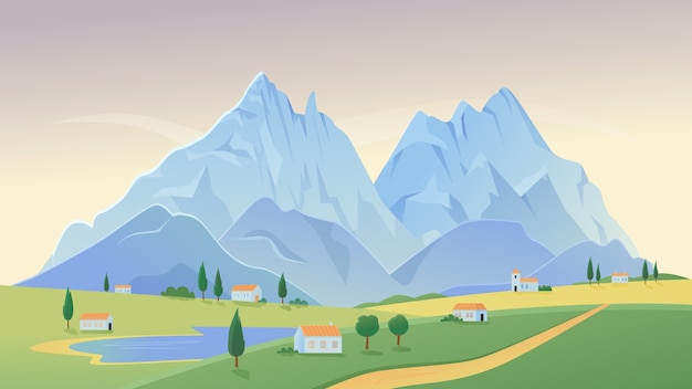Ländliche Landschaft der Bergdorflandschaft mit Bauernhäusern auf Sommerpanoramahintergrund der grünen Wiese
