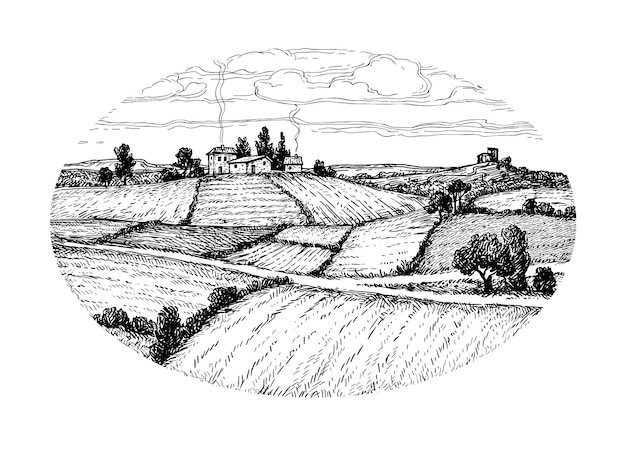 Vektor ländliche landschaft. landschaft. handgezeichnete tintenskizze. vektor-illustration im retro-stil.