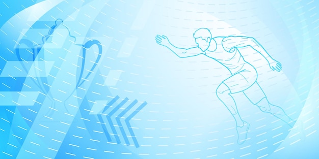 Läufer-themen-hintergrund in hellblauen tönen mit abstrakten gestrichelten linien mit sportsymbolen wie einem männlichen athleten und einem pokal