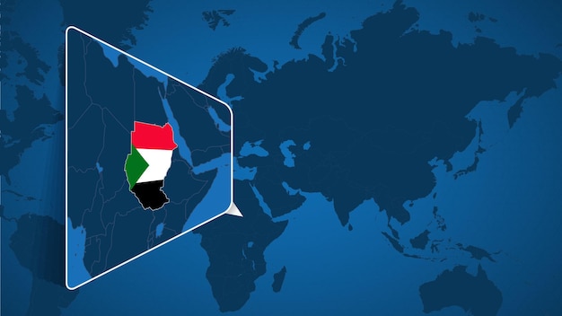 Lage des Sudan auf der Weltkarte mit vergrößerter Karte des Sudan mit Flagge