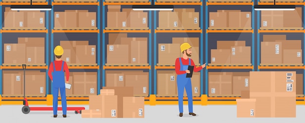 Lager Interieur mit Arbeitern. Logistic Delivery Cargo Service Banner-Konzept.