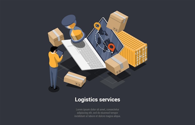 Lager, logistik, service, self storage, einheit, begriff, zeichen, arbeitet, in, lager, mit, kartons, mitarbeiter, prozesse, nehmen, online, bestellungen, auf, tablett, isometrische, 3d, vektor, illustration