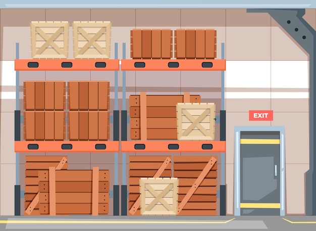 Vektor lager mit kisten lagerhaus-interieur mit holzkisten paletten container für den versand logistik-lieferservice-konzept cartoon-stil vektor-set