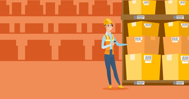 Lagerarbeiter, der Barcode auf Kasten scannt.