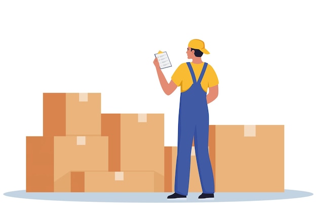 Lagerarbeiter, der Waren in Kartons überprüft Inventurjob Moderner flacher Stil