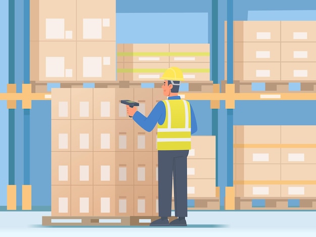 Lagerarbeiter prüft die Ware, indem er sie mit einem Barcode-Scanner _ai_generated scannt