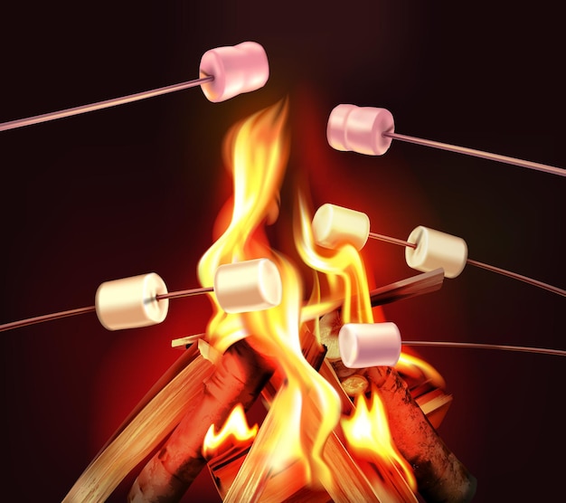 Lagerfeuer mit heller flamme und holzstäbchen mit stückillustration