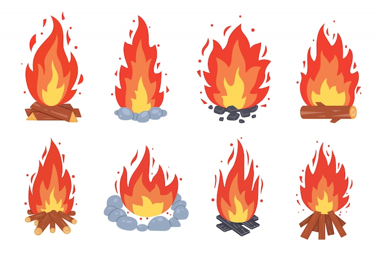 Vektor lagerfeuer verschiedene arten. brennende lagerfeuerrahmen. camping feuersammlung. kamin mit feuerkohlen oder holzfeuer im cartoon-stil.