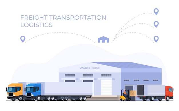 Vektor lagerhäuser mit waren und lkws lagerung und lieferung von produkten logistikzentren zur verbesserung der geschwindigkeit und verteilung von waren vektorillustration