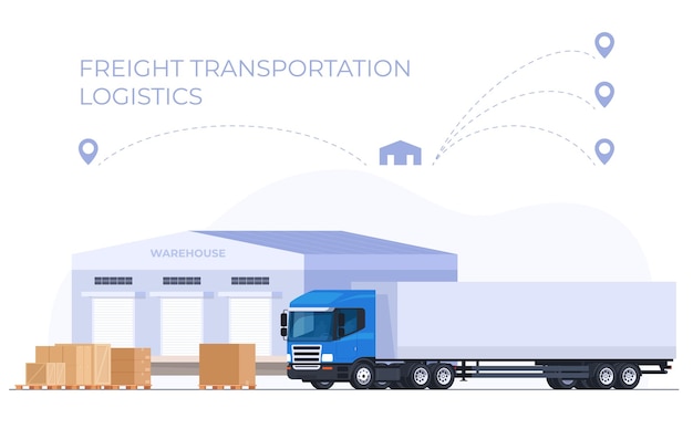 Vektor lagerhäuser mit waren und lkws lagerung und lieferung von produkten logistikzentren zur verbesserung der geschwindigkeit und verteilung von waren vektorillustration