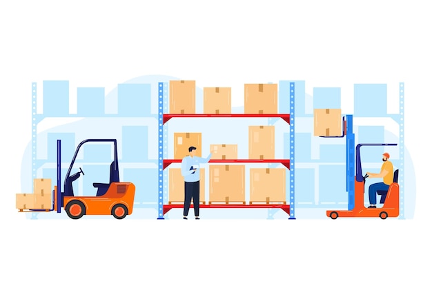 Lagerhaus für Box-Logistik und Verteilungsvektorillustration Man Worker Character verwendet Fracht- oder Paketzustellung