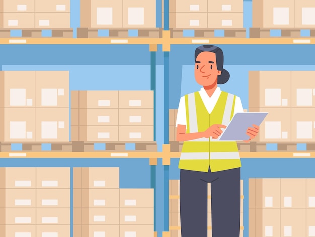 Lagerleiterin mit Tablet in der Hand vor dem Hintergrund von racks_ai_generated