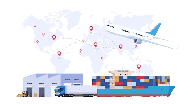 Vektor lagerlogistik von waren lagerung und transport von produkten auf der ganzen welt