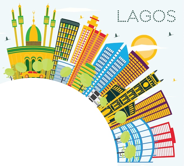 Lagos nigeria city skyline mit farbgebäuden, blauem himmel und textfreiraum. vektor-illustration. geschäftsreise- und tourismuskonzept mit modernen gebäuden. lagos-stadtbild mit sehenswürdigkeiten.