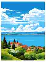 Vektor lake bolsena italien vintage reiseplakat souvenir postkarte porträt malerei wpa illustration
