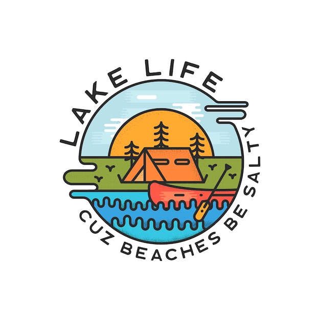 Lake life logo design. moderner flüssigkeitsdynamischer stil. reiseabenteuer-abzeichenaufkleber.