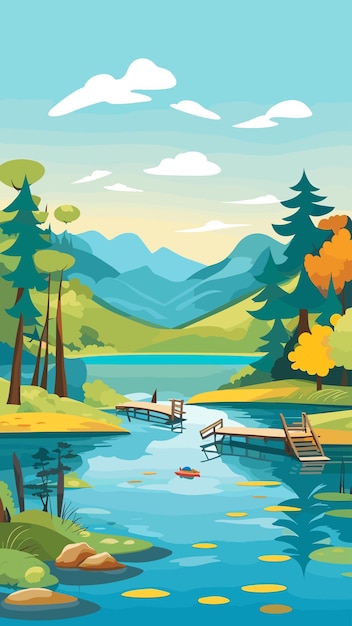 Lake natur landschaft zeichnung cartoon kunstwerk vektor