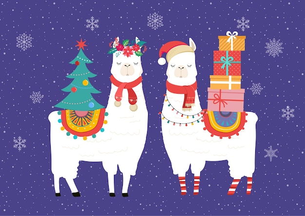 Lama winterillustration, niedliches design für kinderzimmer, plakat, frohe weihnachten, geburtstagsgrußkarte