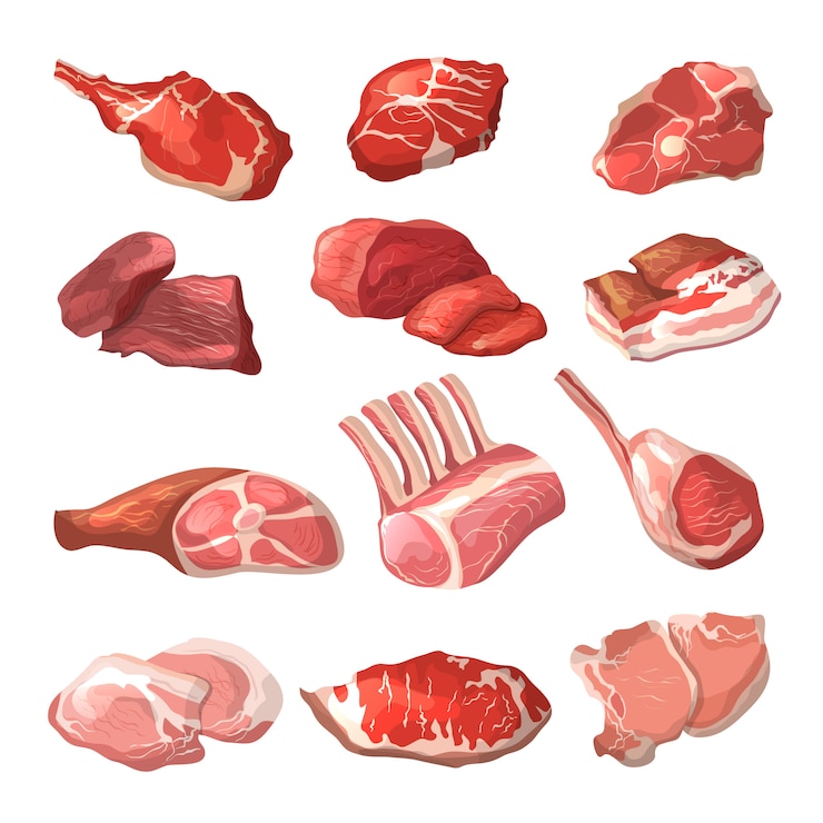 Vektor lamm, schweinefleisch und anderes fleisch in der karikaturart
