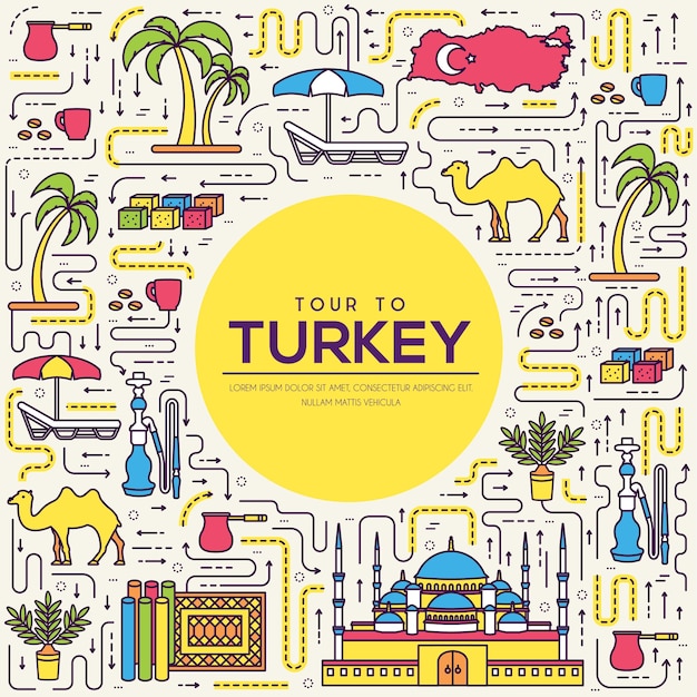 Vektor land türkei reiseurlaub reiseführer von waren, merkmal. satz von architektur, mode, menschen,