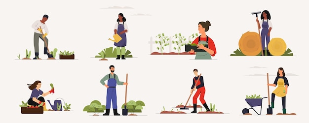 Landarbeiter cartoon-personen, die auf dem feld arbeiten, bauen feldfrüchte an und pflanzen samen. landarbeiter, die im garten mit werkzeugen arbeiten. flache vektorillustration