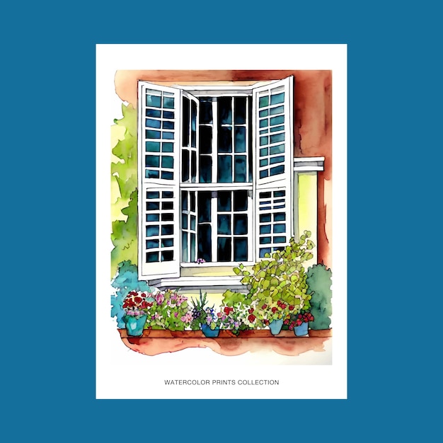 Landhaus-Fenster-Aquarell-Malerei