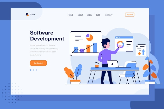 Landing Page Business Finance Mann, der Diagrammanalyse-Entwicklungsstrategie mit flachem Umriss-Stil tut