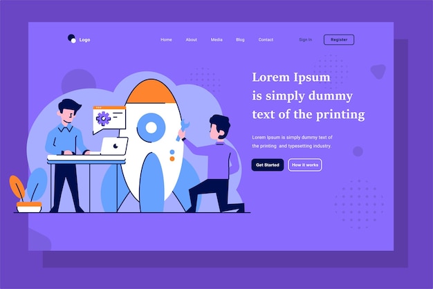 Landing page business-startup-entwickler raketenentwicklung mit flachem und umrissenem designstil